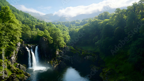 Lush Green Tropical Waterfall Cascading into a Pool