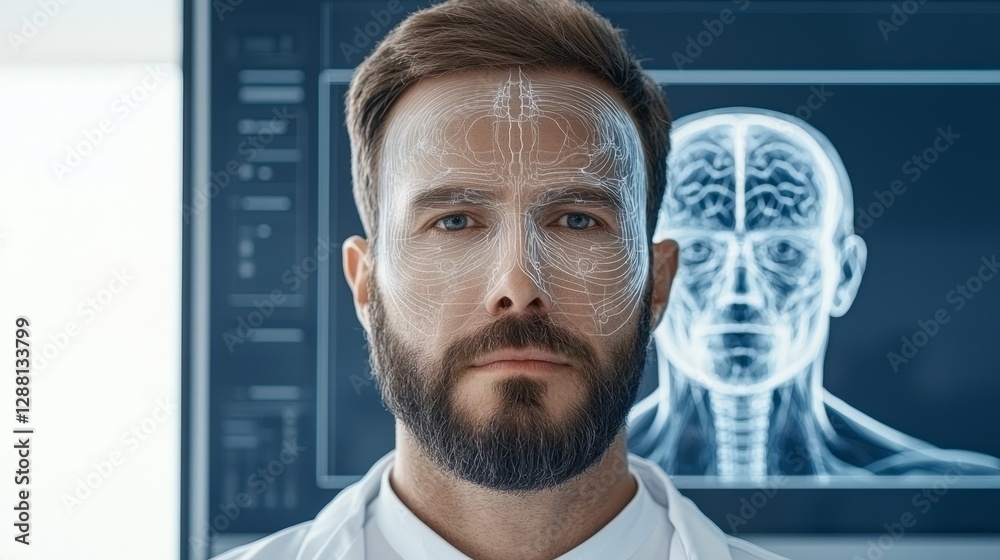 Obraz premium Professional Male Creative Director with Advanced AI Technology in Futuristic Laboratory Setting