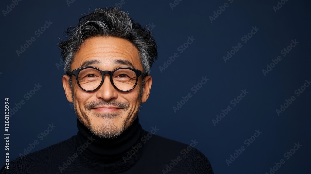 Fototapeta premium An older man with gray hair, smiling at the camera, wearing glasses, a turtleneck sweater, and a beard.