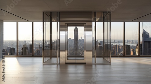 Modern office, Manhattan view, sunrise, glass walls, empty