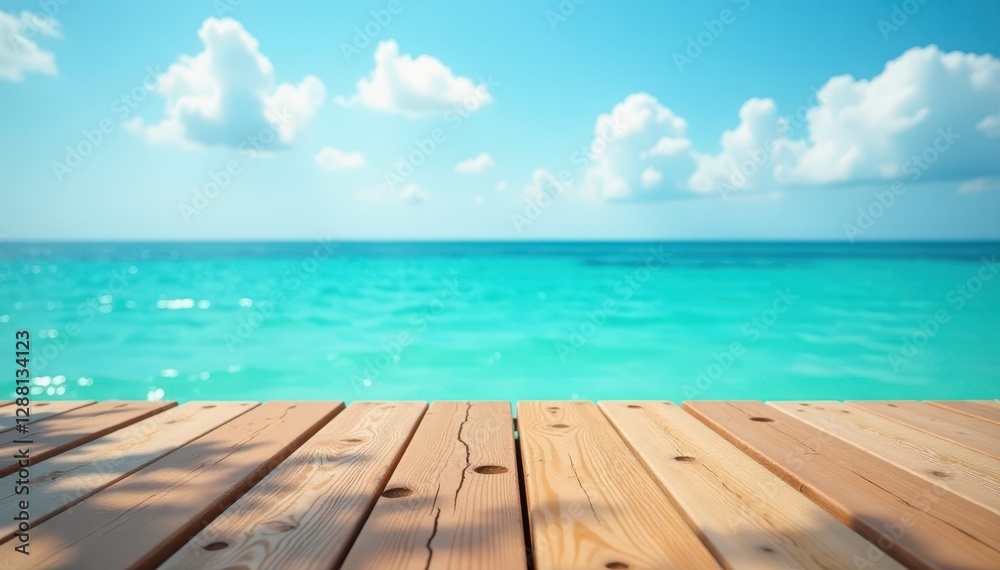 Fototapeta premium Smooth wood surface against sparkling turquoise sea and bright sky , design, photo