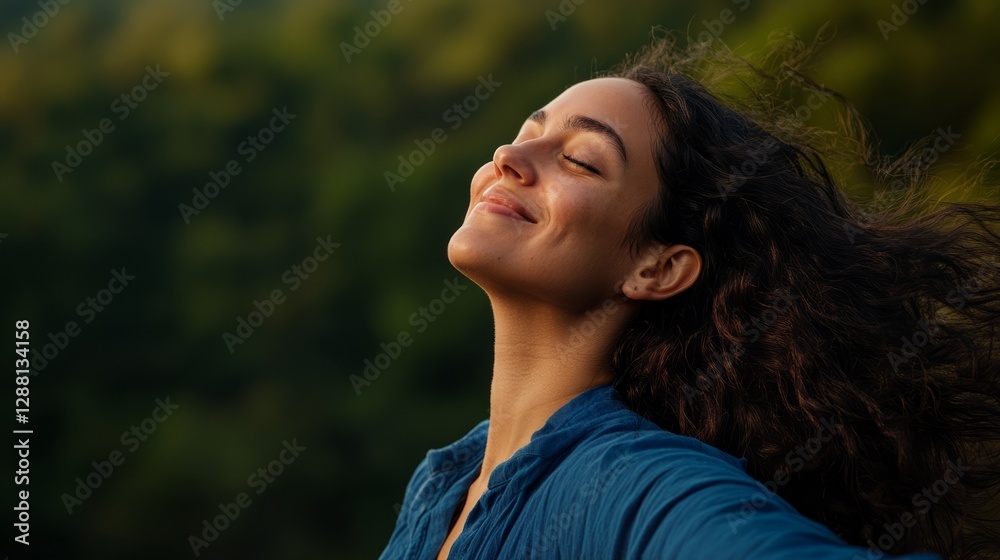 This image features a joyful young woman, enjoying a moment of freedom and peace outdoors. This image features a joyful young woman, enjoying a moment of freedom and peace outdoors.