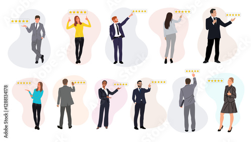 Business people leave five star rating and service satisfaction feedback. Different men and women in formal suit give a review rating and feedback. Vector Illustration isolated