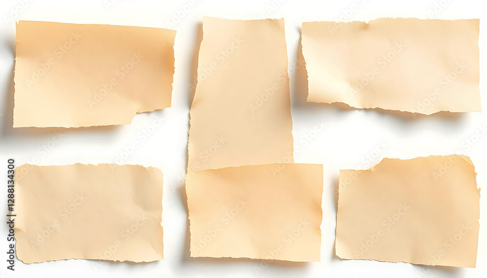 Fototapeta premium Set of old vintage torn paper pieces isolated on white background, perfect for scrapbooking, antique textures, aged documents, and creative design.