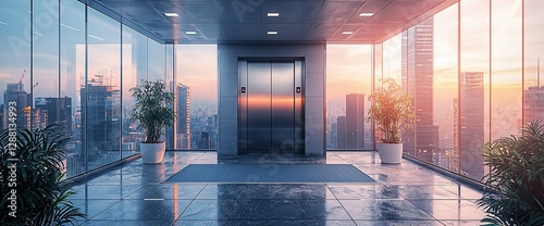 Sunrise city view from skyscraper elevator lobby