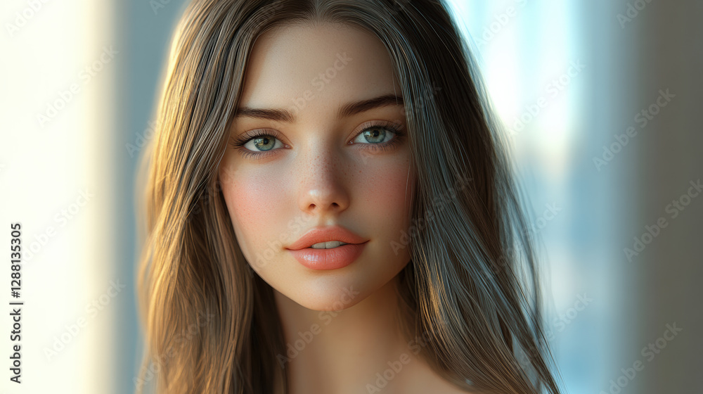 Fototapeta premium Beautiful woman with smooth, shiny, straight hair and soft features, exuding serene expression in natural light