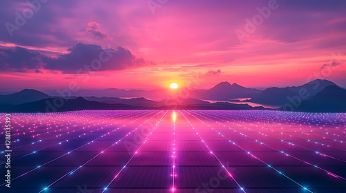 Futuristic Glowing Solar Panels on Ground with Mountainous Sunset Landscape in Digital World
