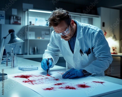 Criminal investigation expert analyzing blood splatter patterns in a lab. Featuring scientific detail and accuracy