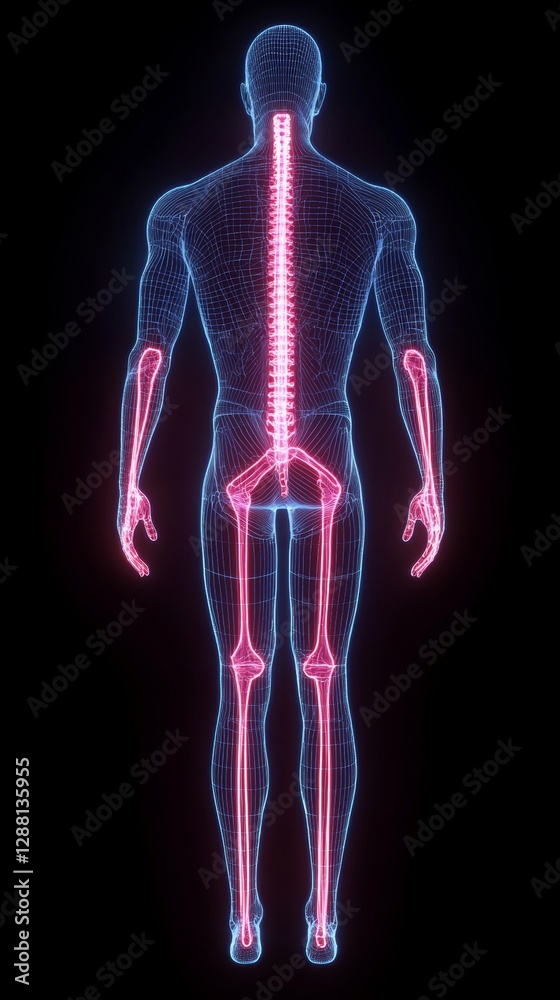 A generative Stock 3D model of a human is presented as a hologram illustration A generative Stock 3D model of a human is presented as a hologram illustration
