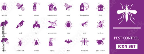 Pest control flat vector  icon set. with woodworm, tick, mosquito,  ant, mole, cockroach and spider. filled icon collection. Vector illustration