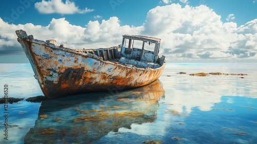 Rusty shipwreck on tropical beach, calm sea, clouds. Travel website