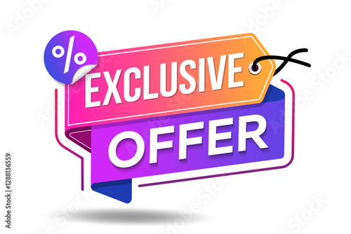 Exclusive offer banner, ad vector illustration design with a discount percentage. Buy now. Hang tag with text exclusive offer. Sale sign. Fashionable shapes and colors for promotional marketing.