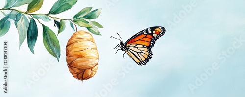 A colorful butterfly hovers near a golden chrysalis on a branch, symbolizing transformation and the beauty of nature.