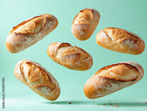 Freshly baked bread rolls floating in the air photo