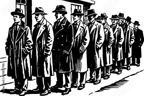 Men in coats and hats standing in line outside a building, evoking a vintage or historical scene sketch engraving vector