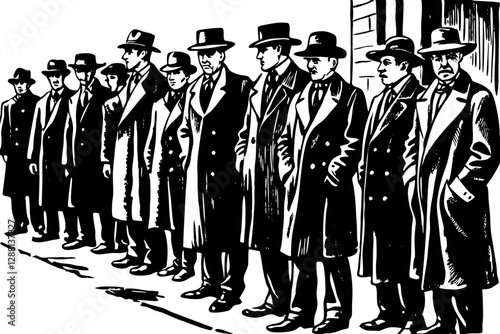 Men in coats and hats standing in line outside a building, evoking a vintage or historical scene sketch engraving vector