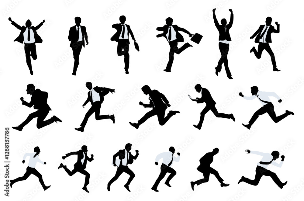 Silhouettes of business people running, jumping, winning full length front, side view. Vector black monochrome outline illustration isolated on transparent background . Avatar, icons for website. Silhouettes of business people running, jumping, winning full length front, side view. Vector black monochrome outline illustration isolated on transparent background . Avatar, icons for website.