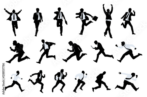 Silhouettes of business people running, jumping, winning full length front, side view. Vector black monochrome outline illustration isolated on transparent background . Avatar, icons for website.