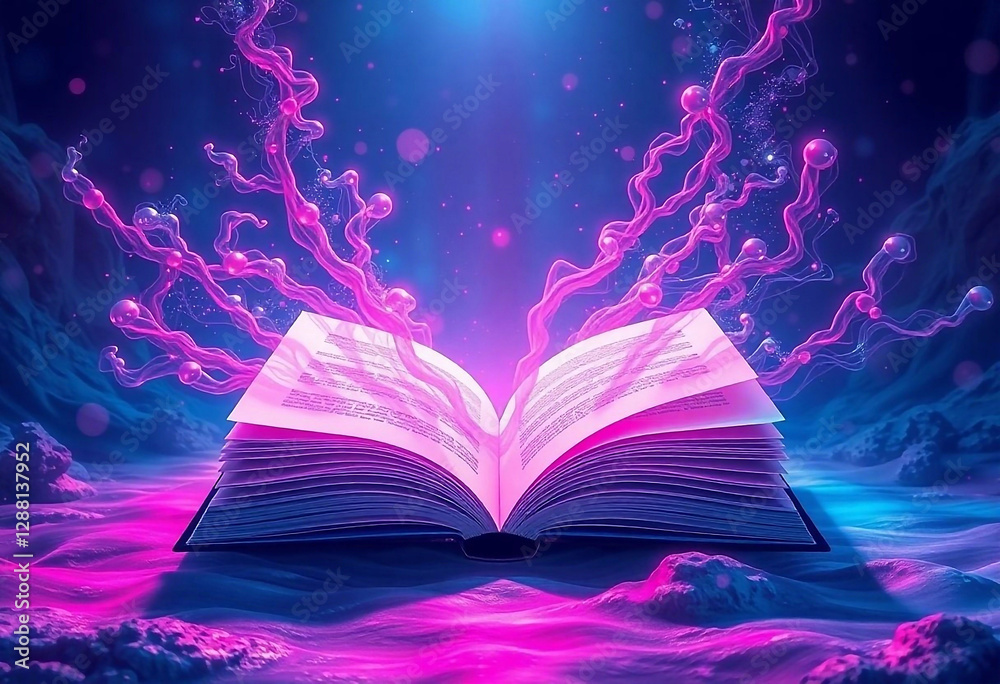 Naklejka premium An open book with shining pages from which bright light bursts out, forming a vortex on a dark background 