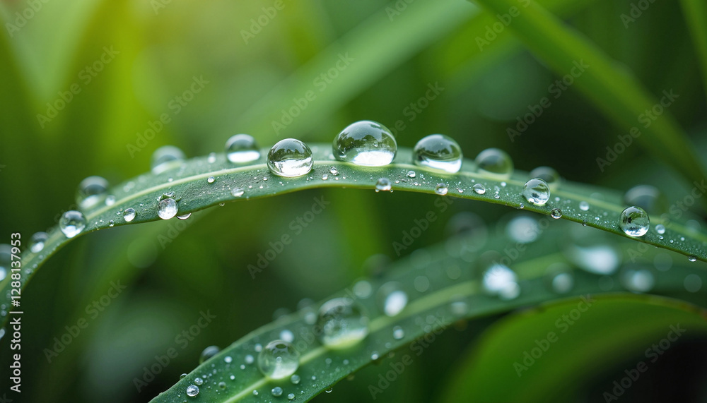 Close-up of raindrops resting delicately on a vibrant green leaf, symbolizing the purity and necessity of water in nature. Close-up of raindrops resting delicately on a vibrant green leaf, symbolizing the purity and necessity of water in nature.