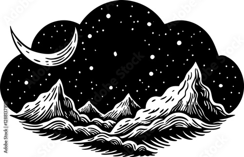 surreal celestial scene featuring twin moons, a starry sky, rolling clouds, and distant mountains sketch engraving vector