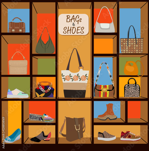 Fashion bags and shoes retail store display stand in shopping mall area. Stylish handbags, sneakers, boots on shelves in Modern boutique. Vector colorful cartoon realistic illustration.