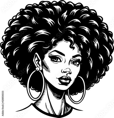 woman with a voluminous afro hairstyle and hoop earrings, exuding strength, beauty, and vintage artistic elegance sketch engraving vector