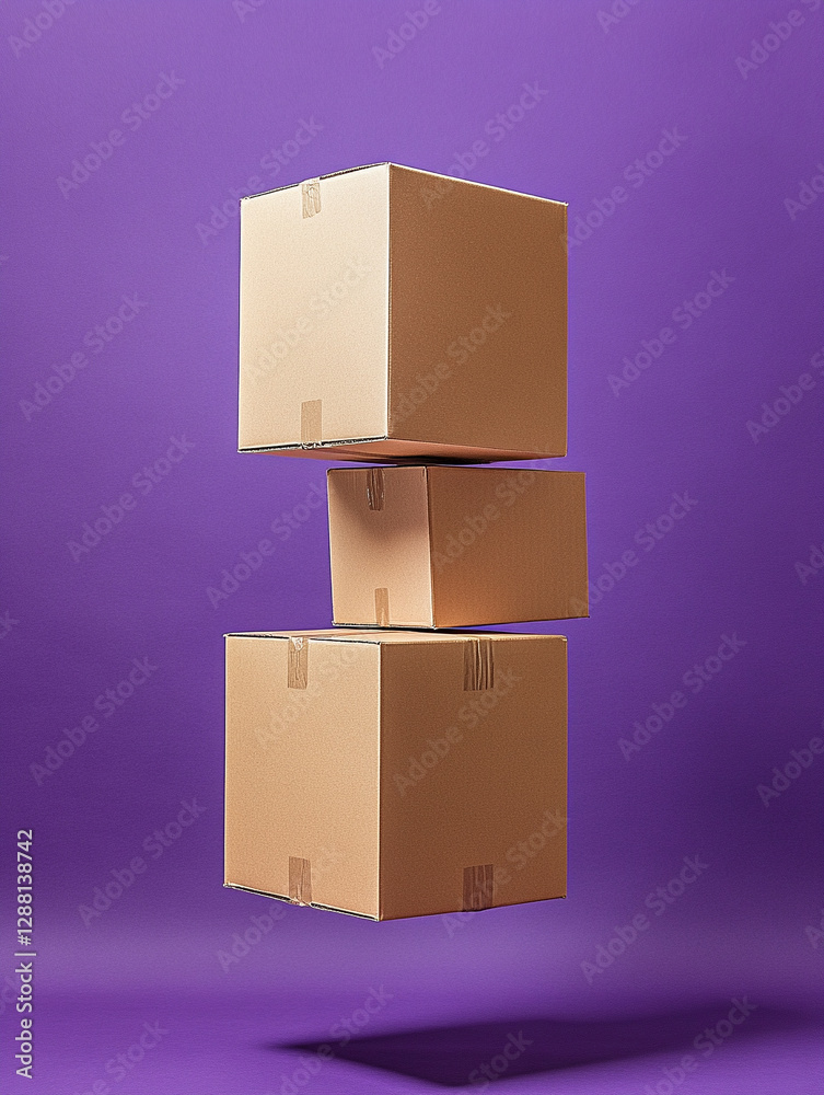 Floating cardboard boxes against a purple background Floating cardboard boxes against a purple background