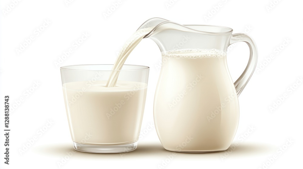 Milk pouring from a glass pitcher into a glass. Milk pouring from a glass pitcher into a glass.