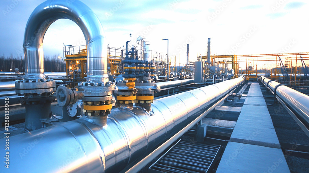 Obraz premium Industrial Pipeline Complex at Sunset Steel Pipes and Valves