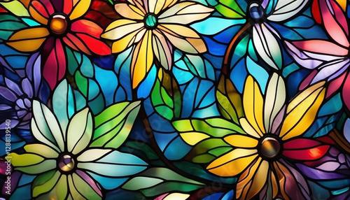 Colorful stained glass flowers as a background. 