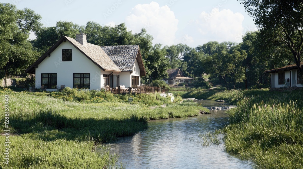 Countryside house by river, sunny day, green landscape, real estate Countryside house by river, sunny day, green landscape, real estate