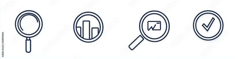 A modern illustration features a set of financial analytics or metrics icons for business research, including analytics information, data, and various business-analysis symbols A modern illustration features a set of financial analytics or metrics icons for business research, including analytics information, data, and various business-analysis symbols