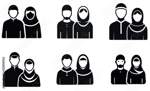 A set of six simple, black silhouette icons depicting Muslim couples.