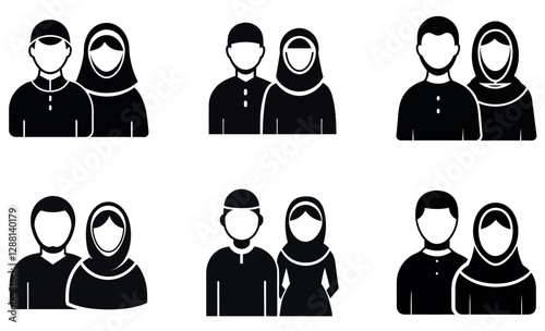 A set of six simple, black silhouette icons depicting Muslim couples.