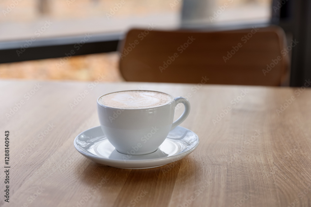 Cup of aromatic coffee on wooden table in cafe Cup of aromatic coffee on wooden table in cafe