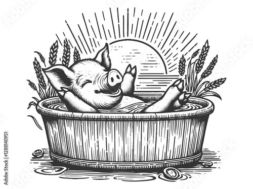 cheerful pig relaxing in a bathtub, blending humor and rustic charm in a detailed classic etching sketch engraving generative ai vector illustration. Scratch board imitation. Black and white image.