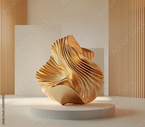 A 3D rendering of abstract art featuring a sphere or ball within a wire framework, showcasing a deformed and damaged area with a diamond fractal pattern, rendered in transparent glass with gold