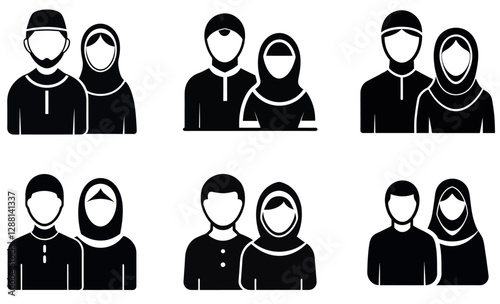 A set of six simple, black silhouette icons depicting Muslim couples.