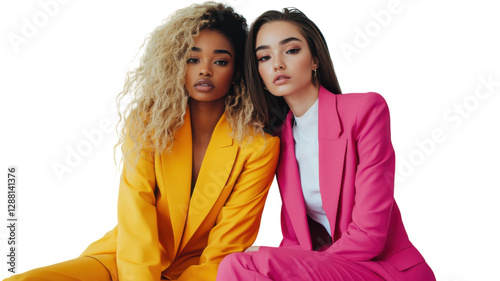 Two models showcase vibrant fashion styles in bright yellow and pink suits during a studio photoshoot