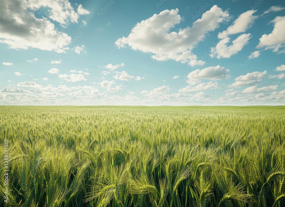 Wheat field with green wheat in the foreground, blurred background of grassy meadow, close-up of tall ears of grain, blurred blue sky, Wheat field with green wheat in the foreground, blurred background of grassy meadow, close-up of tall ears of grain, blurred blue sky,