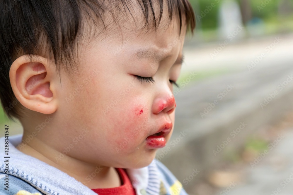 A young child with a sad expression, showing a playful adventure gone wrong outdoors. A young child with a sad expression, showing a playful adventure gone wrong outdoors.