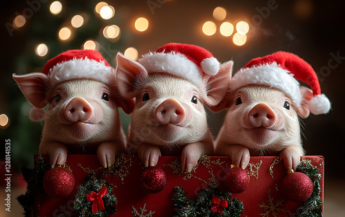 Adorable Pigs in Santa Hats with Festive Christmas Decor  