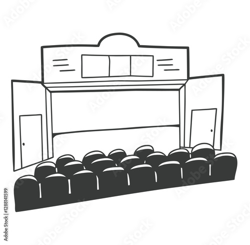 A design shows a cinema movie theater interior vector sketch freehand outline hand drawn sketchy line art icon sign silhouette vector illustration