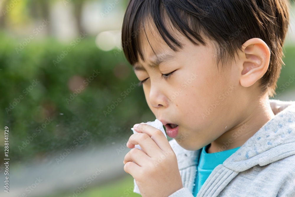 A young boy sneezes outdoors, showcasing the impact of seasonal allergies or colds in an urban setting. A young boy sneezes outdoors, showcasing the impact of seasonal allergies or colds in an urban setting.
