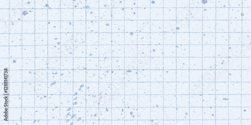 Abstract blue checkered paper sheet covered in blue paint splatters. Gritty halftone dots and ink drips, edgy messy grunge texture.
