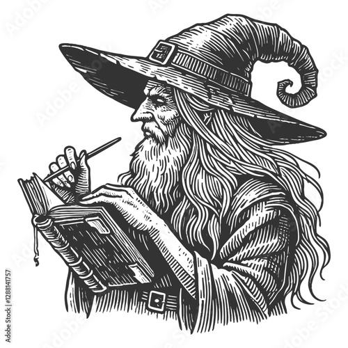 old wizard with a long beard, wearing a pointed hat, writing spells in a mystical book sketch engraving generative ai vector illustration. Scratch board imitation. Black and white image.