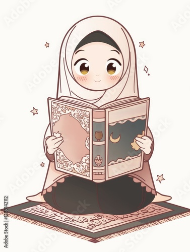 A young girl reads a book on a decorative prayer mat photo