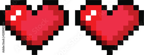 8-bit-style pixel heart icon in retro game style—vector design symbolizing love with a nostalgic digital twist, romantic iconography in digital design, life, or gaming interfaces.