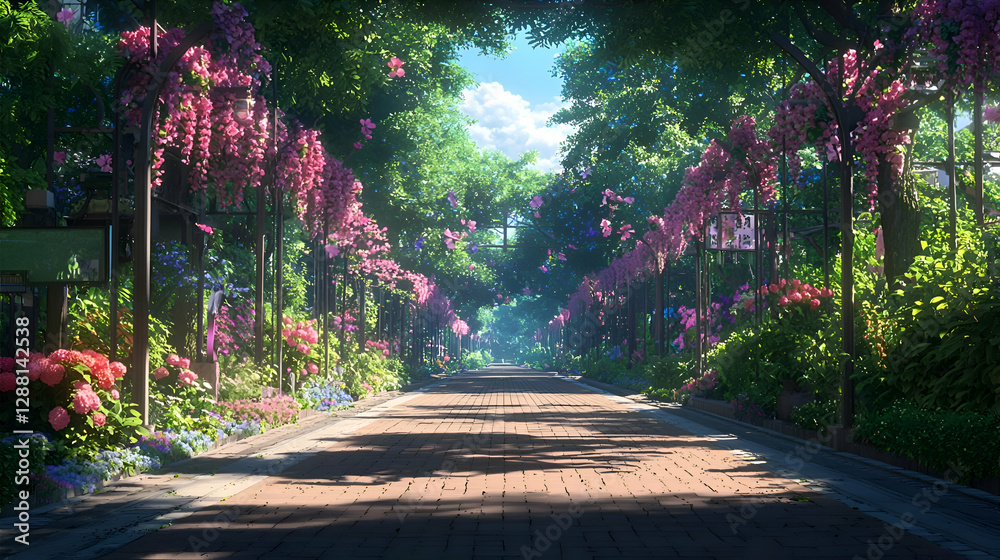 Obraz premium Sunlit Path Through a Colorful Garden with Blooming Trees